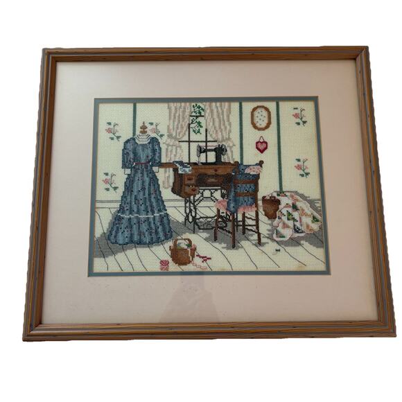 Finished Cross Stitch Paula Vaughan “The Upstairs Sewing Room” Matted & Framed - Picture 1 of 11